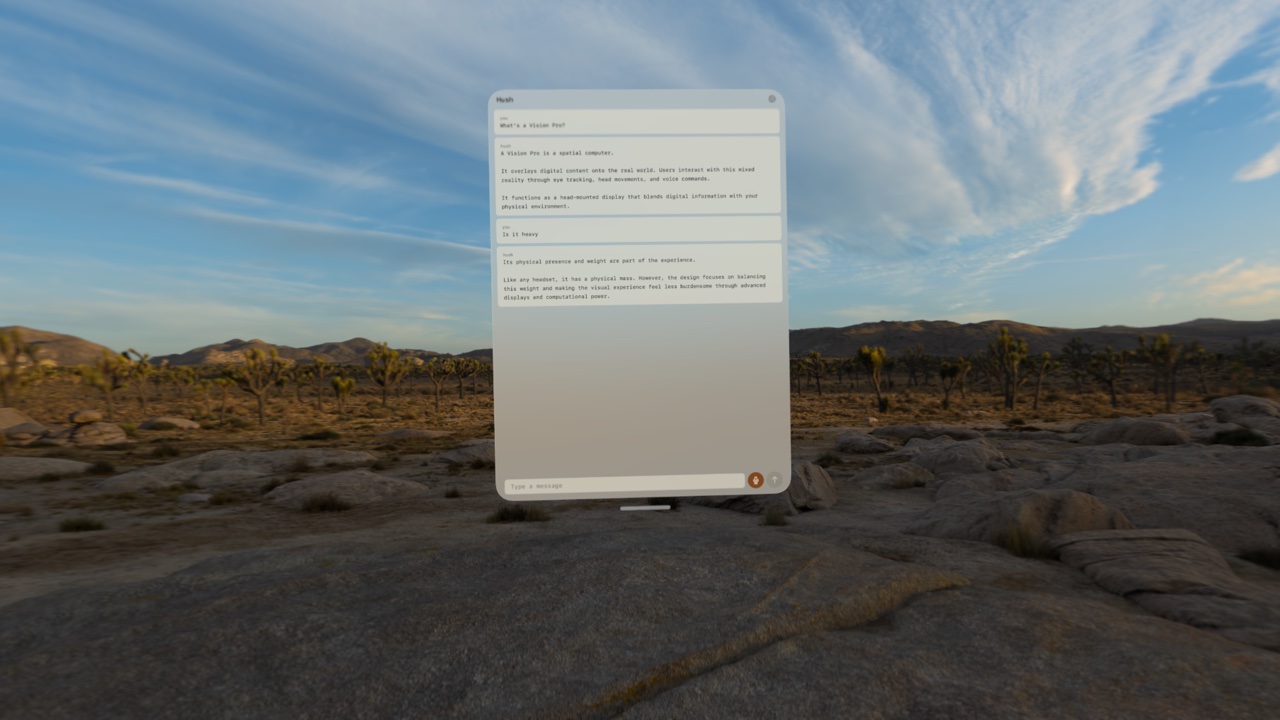 Hush running on Apple Vision Pro, showing a multi-turn conversation in the PAPER theme